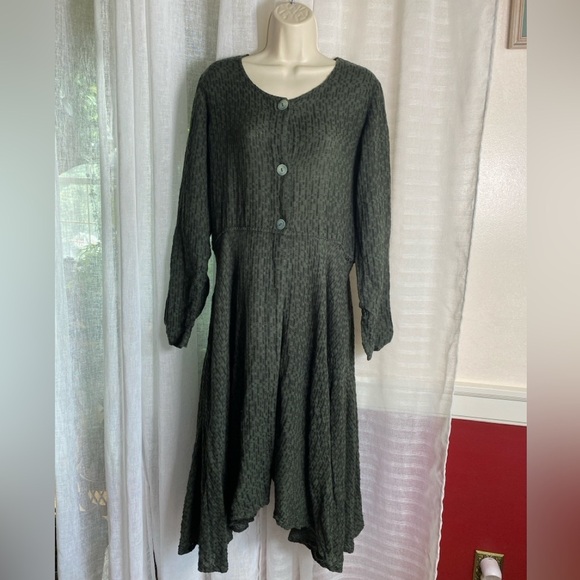 Grizas Dresses & Skirts - GRIZAS Crinkled Flared Hem Dress / Jacket Linen Cotton Blend Forest Green Small
